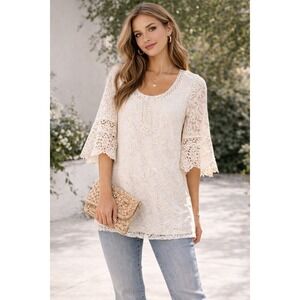 Lauren Michelle Ivory Lace Tunic Top M Crochet Bell Sleeves Boho Romantic Blouse